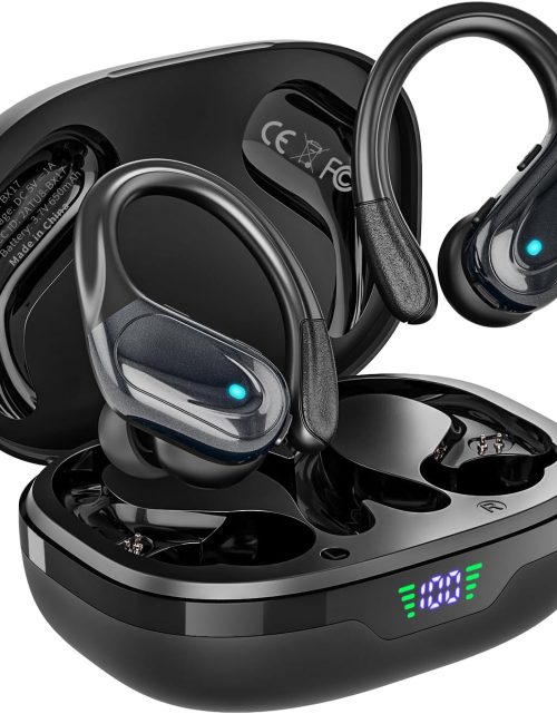 Wireless Earbuds, Sports Bluetooth Headphones, Ear Buds with 80hr Playtime, Noise Canceling, LED Power Display, IPX7 Waterproof Earphones for Workout/Running Black